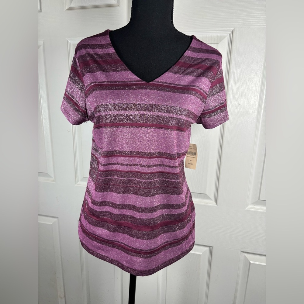 Coldwater Creek Purple & Berry Striped V-Neck Short Sleeve Top